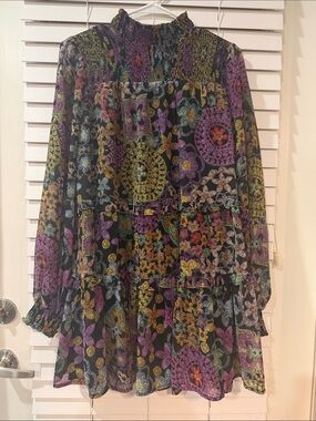 NWT - Fate Multicolor Floral Crochet-Print Long Sleeve Dress - Black Base